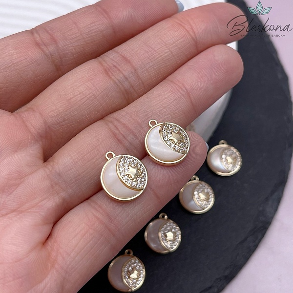 12 мм Цвет золото, Подвеска луна, звезда цирконы белый перламутр