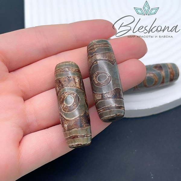 Бусина Дзи 3 глаза зеленый бочонок 40*14 мм