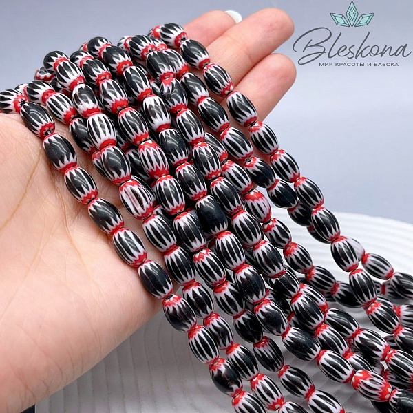 Муранское стекло бочата красно- белые, черные полосы 11*8 мм