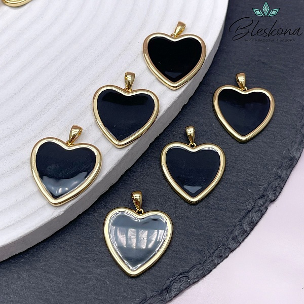 20мм, цвет золото,Подвеска Сердце, черная эмаль Люкс