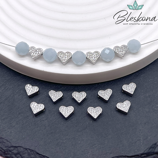 6*7 мм Цвет серебро, Бусина Сердце цирконы 