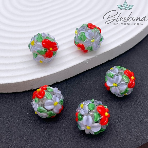 16 мм  Бусина шар цветок серо- красный
