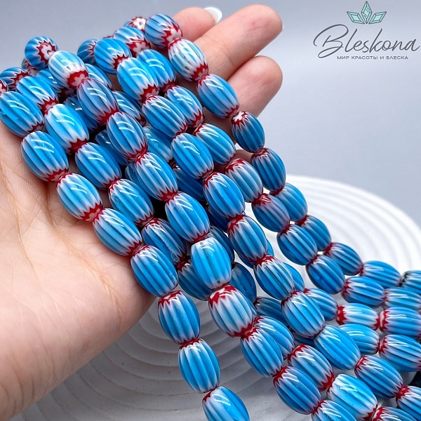 Муранское стекло бочата красно- голубые, полосы 14*10 мм