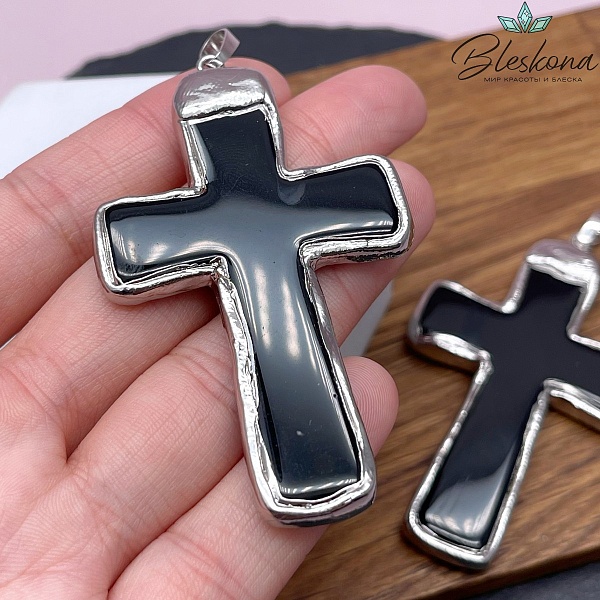 41*68 мм Цвет серебро, Подвеска крест Черный Агат в обрамлении
