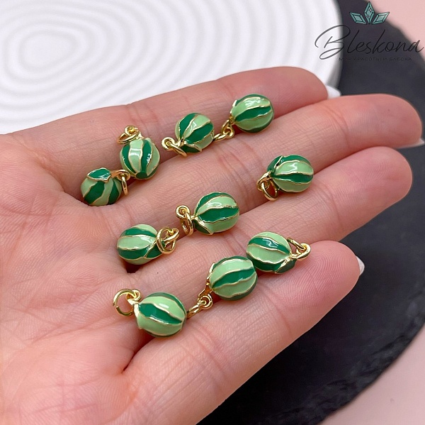 12*7 мм, Цвет золото, Подвеска Арбуз зеленая эмаль