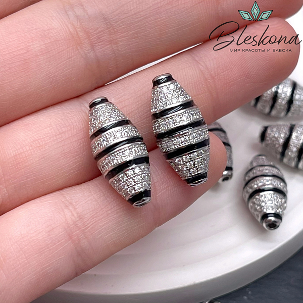 21,5*10 мм Цвет серебро, Бусина цирконы черная эмаль