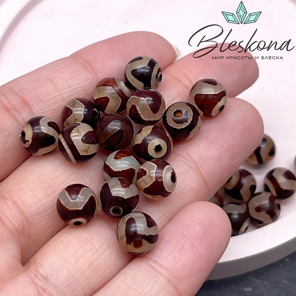 Бусина Дзи Тигриный клык серо-коричневый шар 8 мм уп.15 шт.