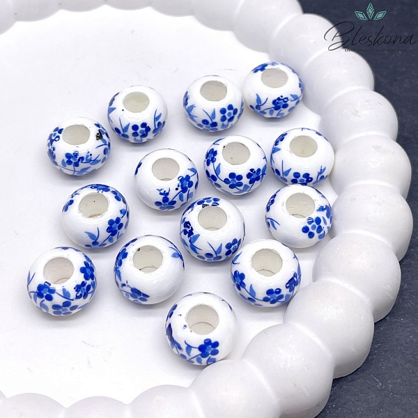 14 мм Керамика Бусина Бублик роспись гжель №2