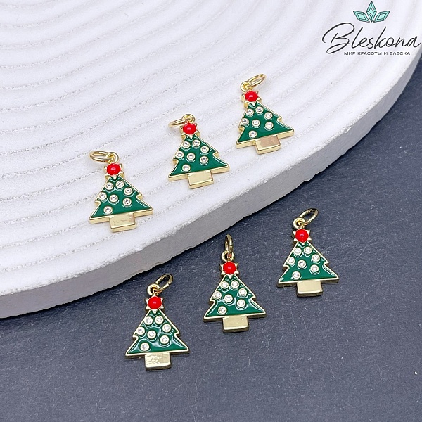 16,5*12 мм Цвет золото, Подвеска Елка зеленая эмаль