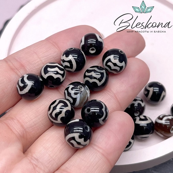 Бусина Дзи Птица Гаруда черно-белый шар 10 мм уп.10 шт.