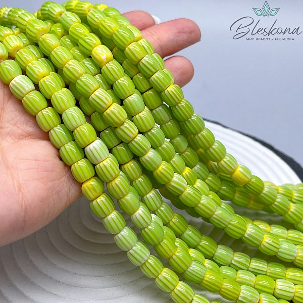 Муранское стекло бочата желто- салатовые, полосы 7*8 мм