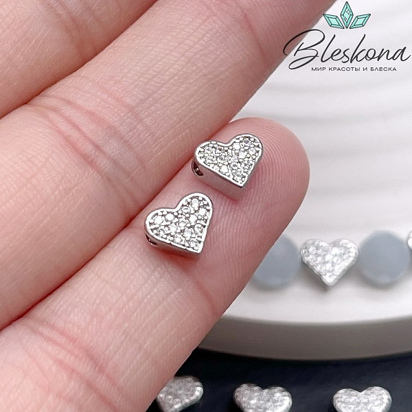 6*7 мм Цвет серебро, Бусина Сердце цирконы 