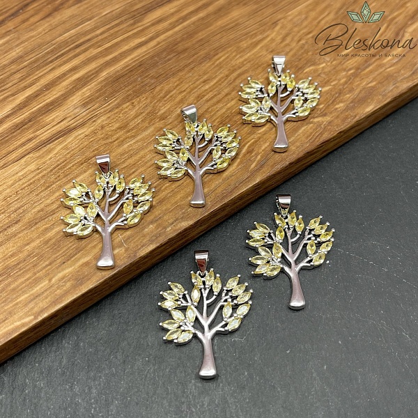 26*22 мм Цвет серебро, Подвеска дерево счастья желтые цирконы