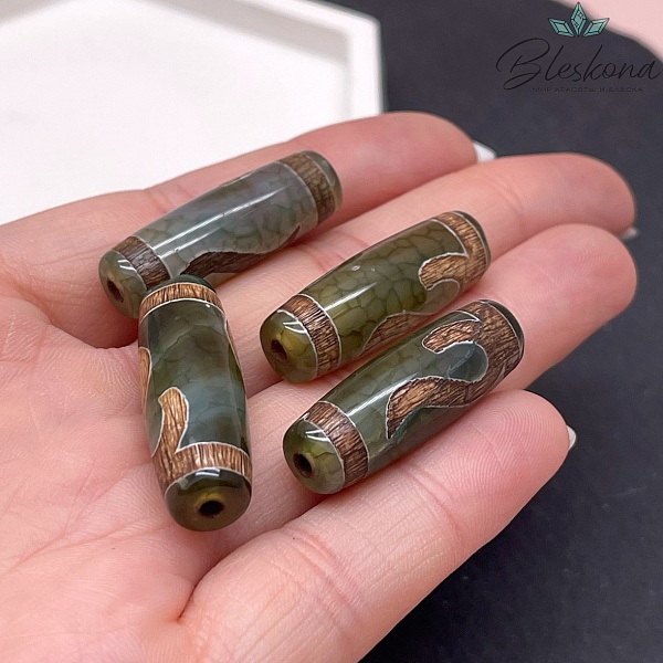 Бусина Дзи Золотой Ключ зелено-коричневый бочонок 30*11 мм