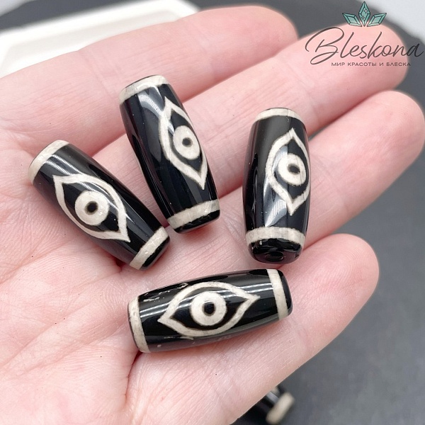 Бусина Дзи 2 глаза Феникса черно-белый бочонок 25*11 мм