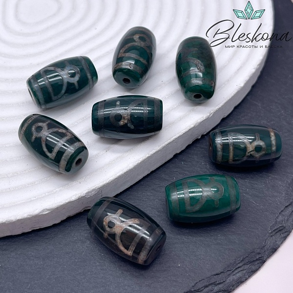 Бусина Дзи Кубера зеленый бочонок 22*14 мм