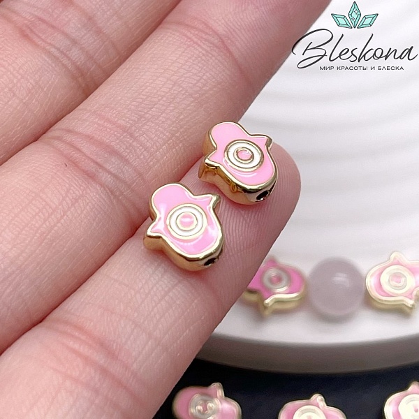 9,5*9 мм Цвет золото, Бусина рука Фатимы розовая эмаль