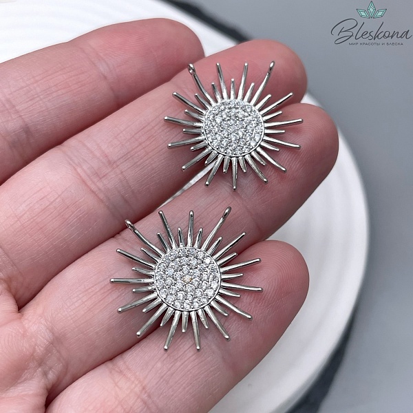 22мм, цвет серебро, Коннектор Солнце цирконы 