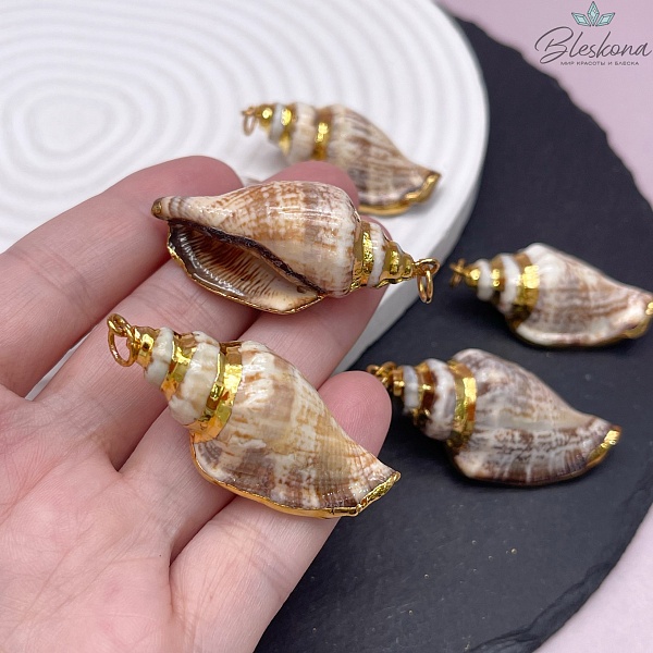 (36-47)*(14-20) мм Цвет золото, Подвеска Ракушка кремово-коричневая