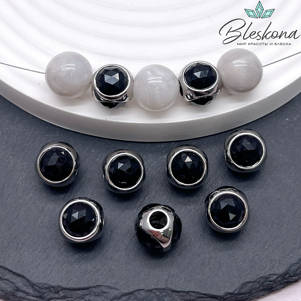 10 мм Цвет серебро, Бусина шар черное стекло