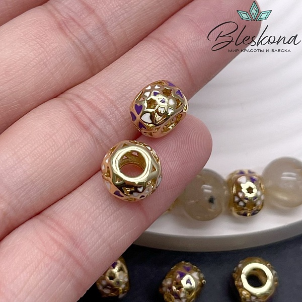 7*10 мм Цвет золото, Бусина бочонок клевер фиолетово-белая эмаль