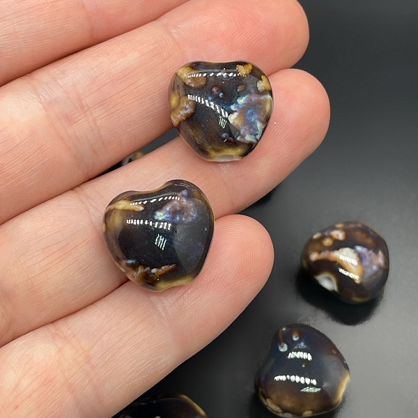 17 мм Бусина сердце, керамика цвет коричневый рисунок