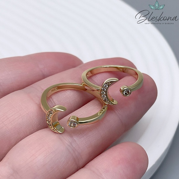 20 мм Цвет золото, Кольцо безразмерное луна с цирконами Люкс 