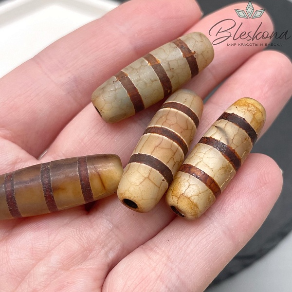 Бусина Дзи Полосатая серо-коричневый бочонок 30*11 мм
