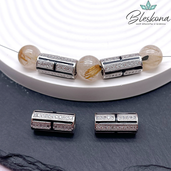19*9 мм Цвет серебро, Бусина цилиндр цирконы черная эмаль