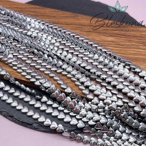 6 мм Гематин сердце объемное, темное серебро имитация