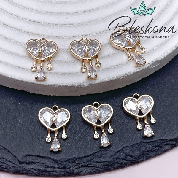 18*12 мм Цвет золото, Подвеска сердце капли с цирконами