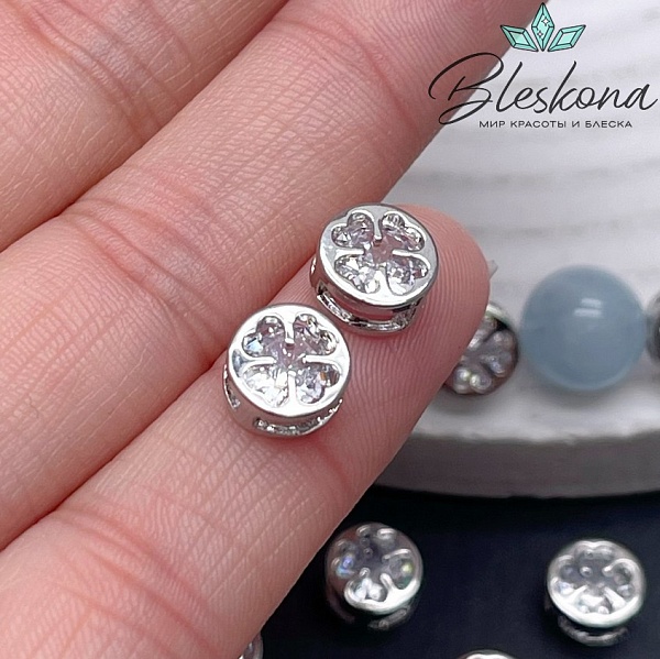 8мм,Цвет серебро,Бусина Клевер большой циркон