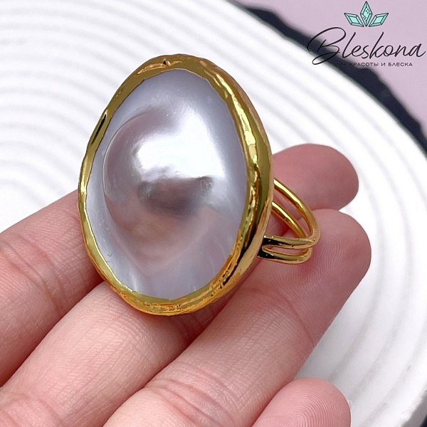 22 мм Цвет золото, Кольцо безразмерное Жемчуг Mabe круг