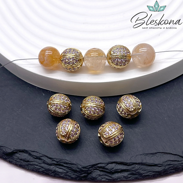 10,5 мм Цвет золото, Бусина Арбуз цирконы розовые