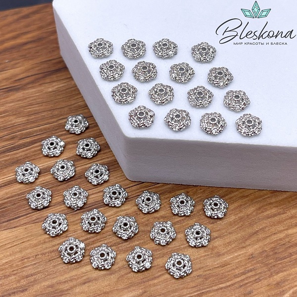 6мм, цвет серебро, Шапочка узор цирконы