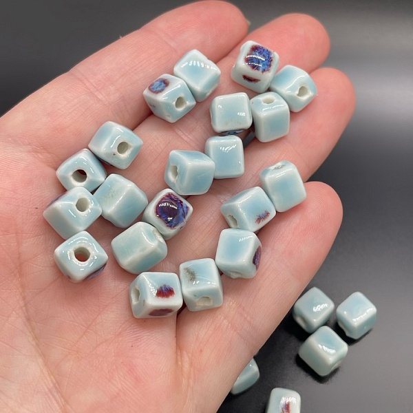 8 мм Бусина куб, керамика цвет голубой рисунок №3