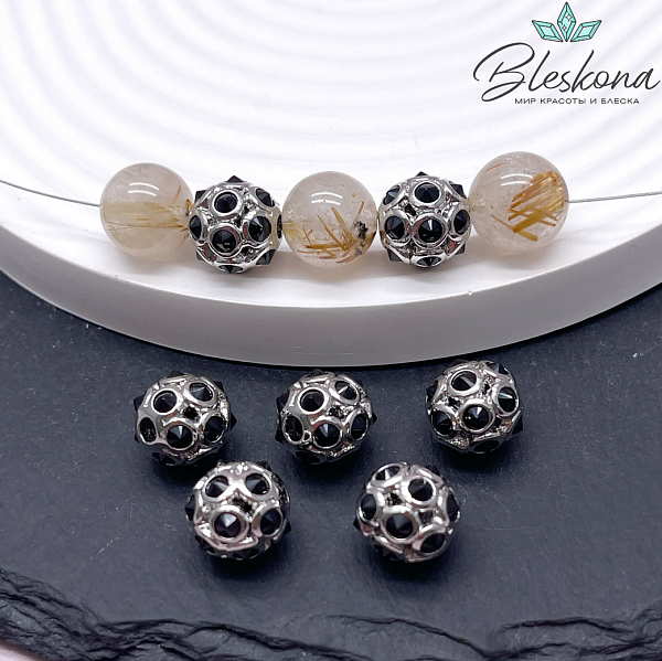 10,5 мм Цвет серебро, Бусина шар черные цирконы