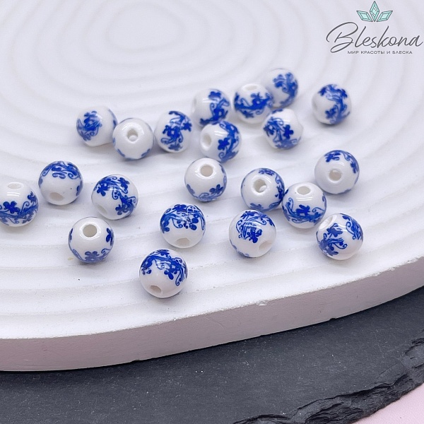 8 мм Керамика Бусина роспись гжель №1 (штучно)