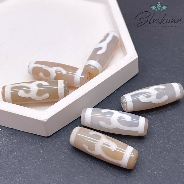 Бусина Дзи Зеленая тара серо-белый бочонок 30*11 мм