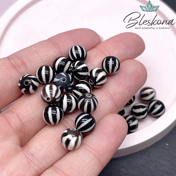 Бусина Дзи полосы черно-белый шар 8 мм уп.15 шт.
