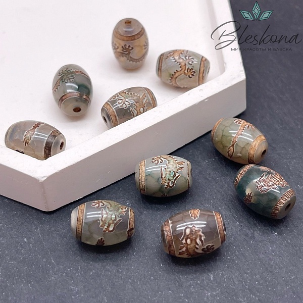 Бусина Дзи Дракон зелено-коричневый бочонок 10*14 мм