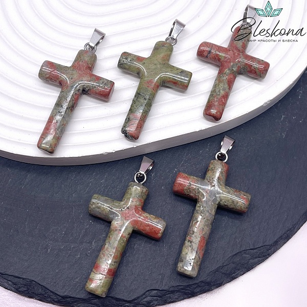 Подвеска крест Унакит, цвет серебро 44*28мм