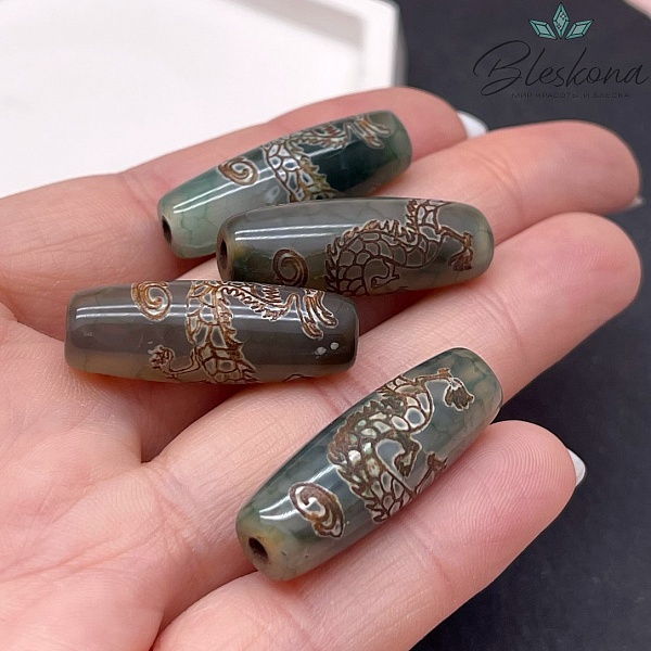 Бусина Дзи Дракон зелено-коричневый бочонок №1 30*11 мм