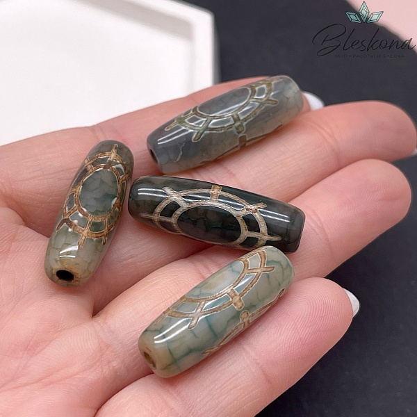 Бусина Дзи Колесо Фартуны зелено-коричневый бочонок 30*11 мм