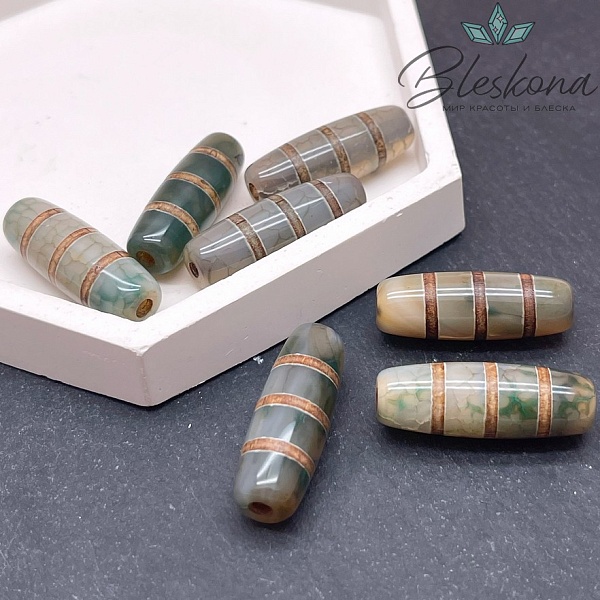 Бусина Дзи Полосатая зелено-коричневый бочонок 30*11 мм