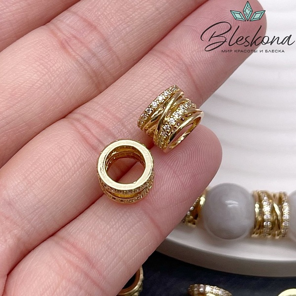 7*9,5 мм, Цвет золото, Бусина цилиндр цирконы