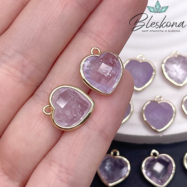 13*15мм,Цвет золото,Подвеска Сердце Лавандовый Аметист огранка