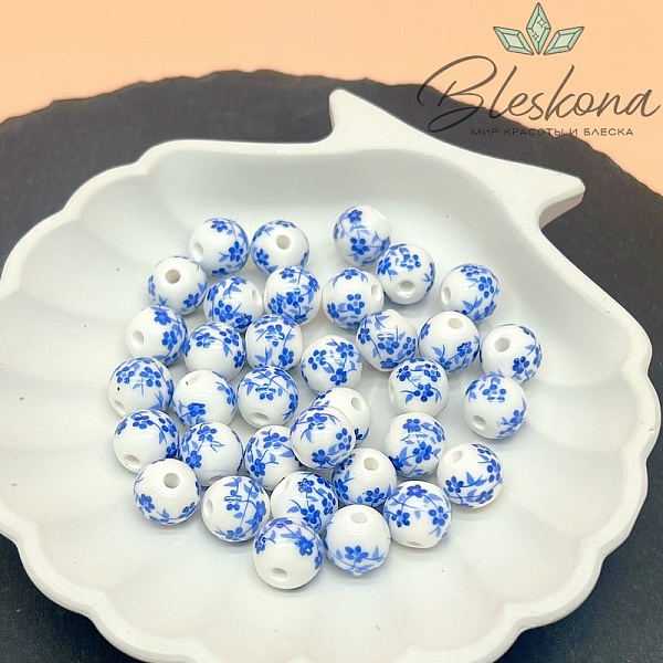 10 мм Керамика Бусина роспись гжель №2 (штучно)