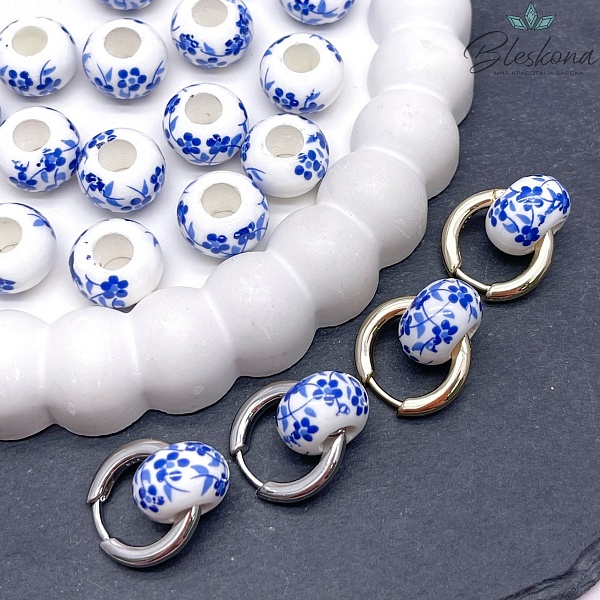 14 мм Керамика Бусина Бублик роспись гжель №2