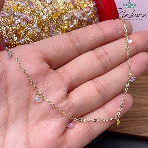 Цепь №208-1 цвет золото, сердце цирконы микс 1,8*1,4 мм